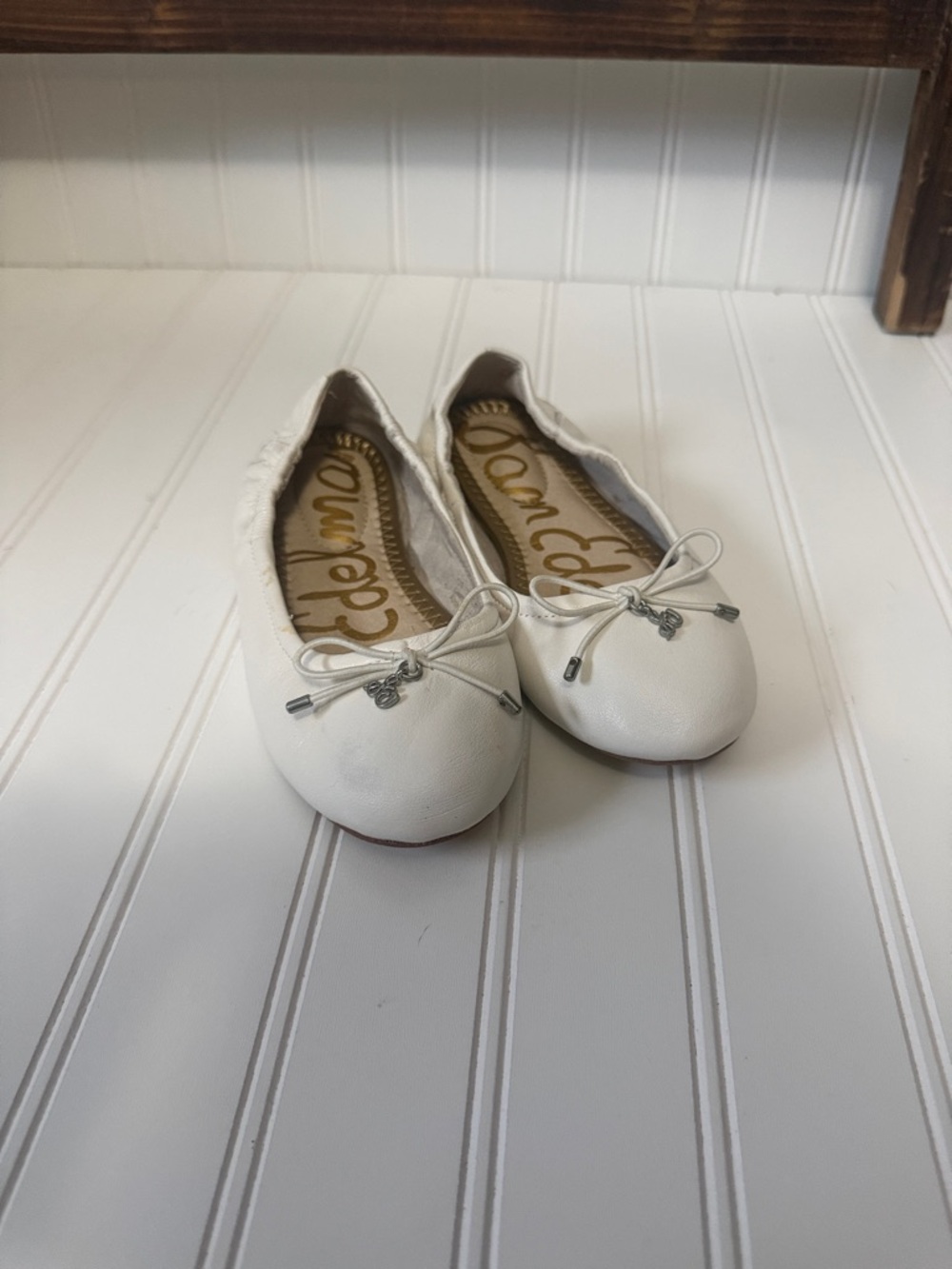Sam Edelman Kids White Ballet Flats with Bow & Metal Tips